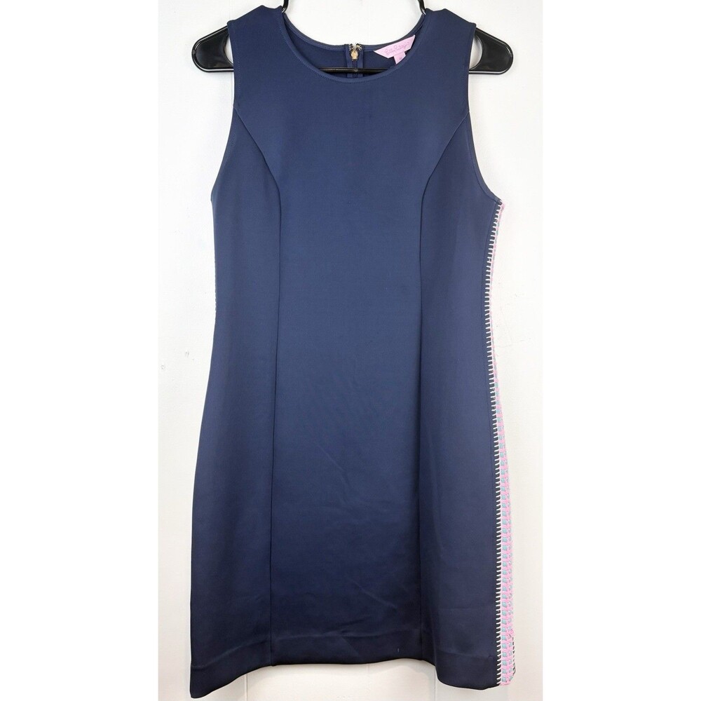 Lily Pulitzer Dress Medium Navy Blue Embroidered Sleeveless Knee Length Preppy